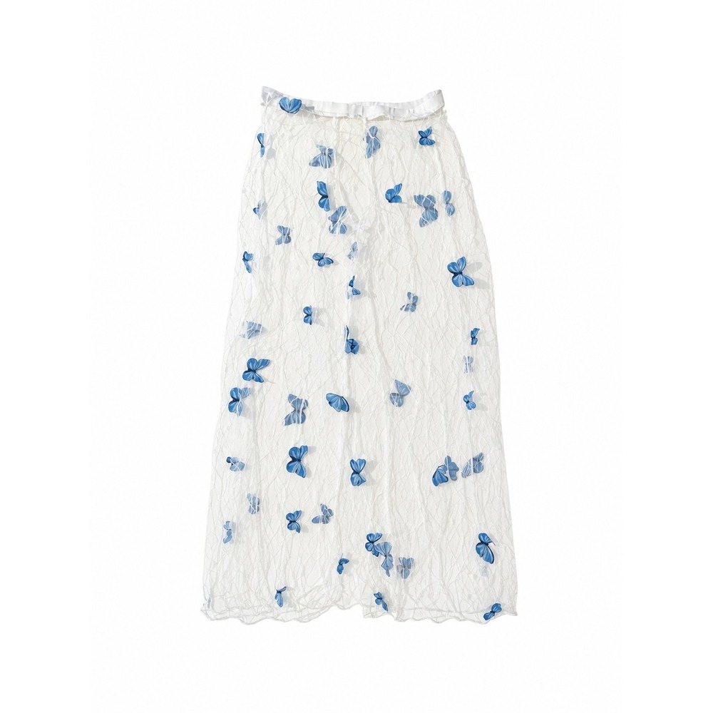 White Sheer Lace Mesh Maxi Skirt 3D Blue Butterfly Appliqué Elastic Waist Size M